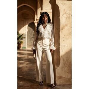 VTG 60s Camilla White Organza Ruffle Collar & Cuffs Long Sleeve Blouse Medium